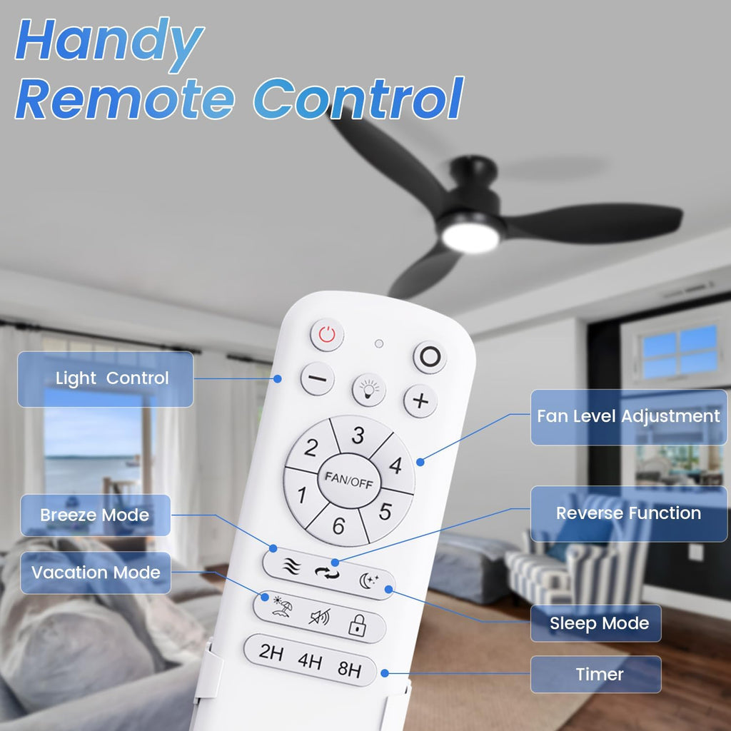 48' Ceiling Fan with Light and Remote, Black Flush Mount Ceiling Fan with 3 Blades,3 Color Dimmable Lights, 6 Speeds, Queit DC Motor, Memory Function, Indoor/Outdoor/Bedroom/Living Room/Patios, Black