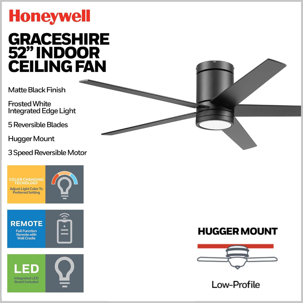 Honeywell Graceshire 52 Inch Ceiling Fan with Color Changing LED Light and Remote Control, 5 Blades, Reversible Airflow, Matte Black