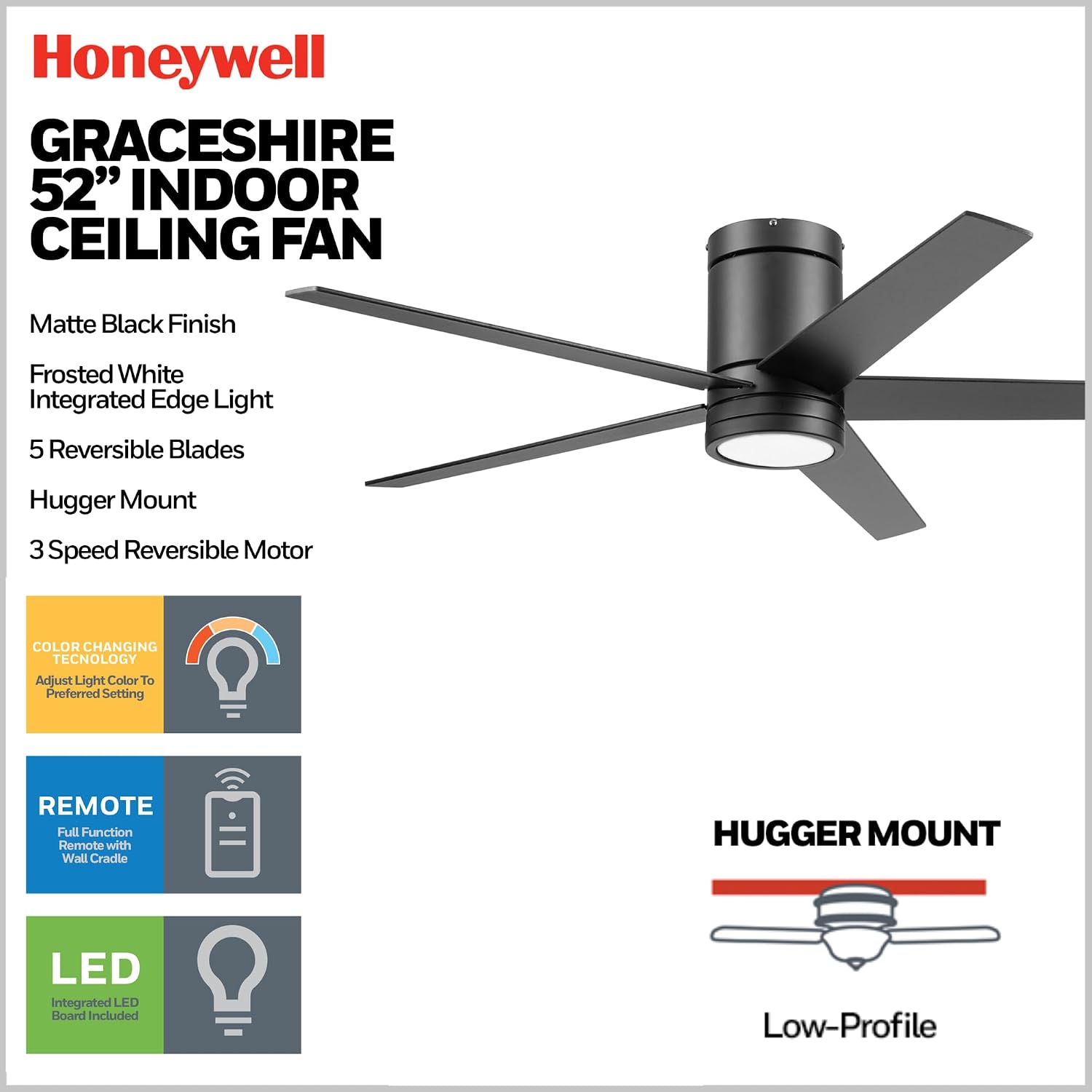 Honeywell Graceshire 52 Inch Ceiling Fan with Color Changing LED Light and Remote Control, 5 Blades, Reversible Airflow, Matte Black