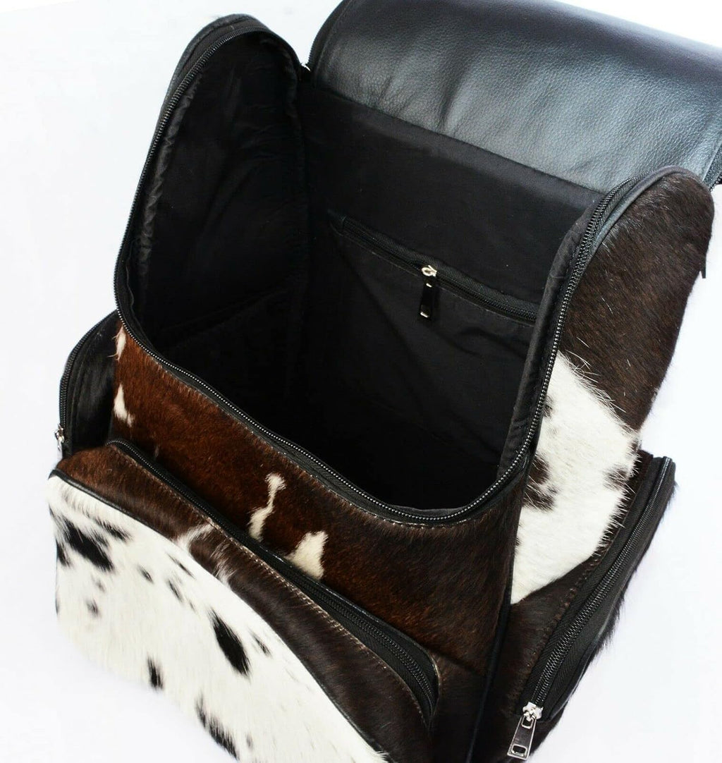 Black Cowhide Leather Diaper Bag Fringe Backpack - Western Style Mother's Day Gift Artisan Cow Print Travel Rucksack for Stylish Moms