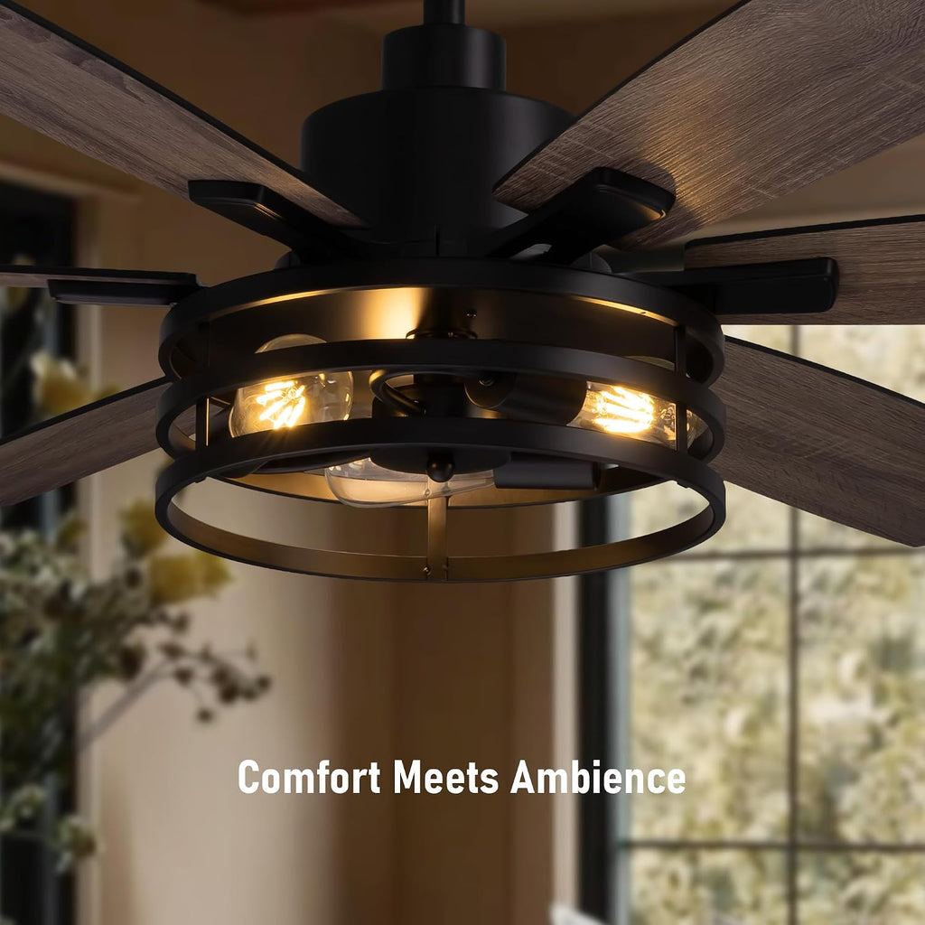 Farmhouse 60 Inch Ceiling Fan with Remote and App Control, Quiet 6-Speed Reversible DC Motor, Black Cage Design for Bedroom, Living Room, Covered Patio