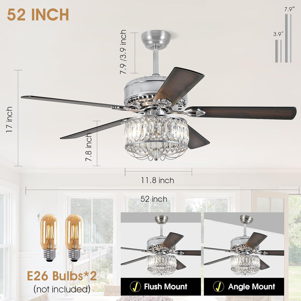 Kviflon Farmhouse Crystal Ceiling Fans with Lights and Remote, 52 Inch Chandelier Ceiling Fans, Chrome Fandelier Ceiling Fan for Bedroom Living Room, Quiet DC Motor, Reversible, Bulb not Included