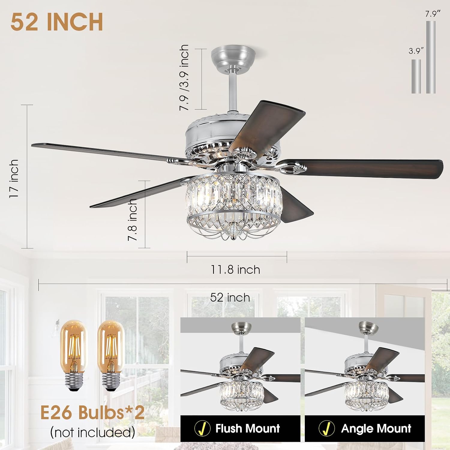 Kviflon Farmhouse Crystal Ceiling Fans with Lights and Remote, 52 Inch Chandelier Ceiling Fans, Chrome Fandelier Ceiling Fan for Bedroom Living Room, Quiet DC Motor, Reversible, Bulb not Included
