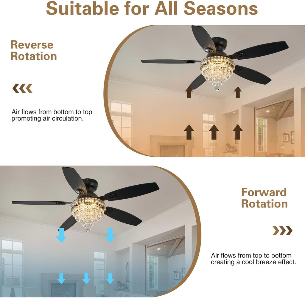 Crystal Ceiling Fan Fandelier with Lights-Ceiling Fans,50' Low Profile and Remote Control, Flush Mount, Reversible, Dimmable, Noiseless, Black Ceiling Fan for Bedroom