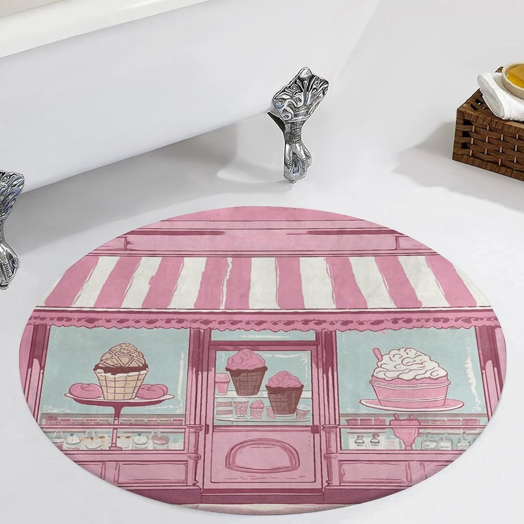 Ice Cream Store Pink Coral Velvet Round Floor Mat Non-Slip Bath Rug Floor Covering for Bathroom Vanity Guest Suite & Vacation Home