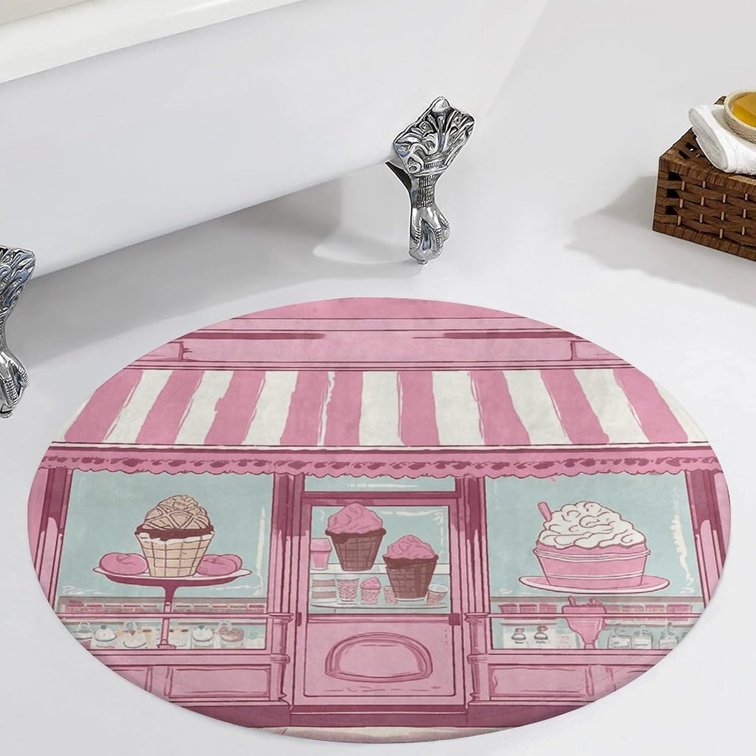 Ice Cream Store Pink Coral Velvet Round Floor Mat Non-Slip Bath Rug Floor Covering for Bathroom Vanity Guest Suite & Vacation Home