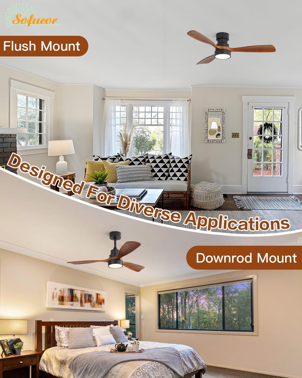 Sofucor 48 Inch Ceiling Fans with Lights and Remote Control-Modern Flush Mount & Downrod Mount Ceiling Fan for Bedroom Living Room Indoor Outdoor Farmhouse Patio, Timer Quiet DC Motor, Black&Walnut