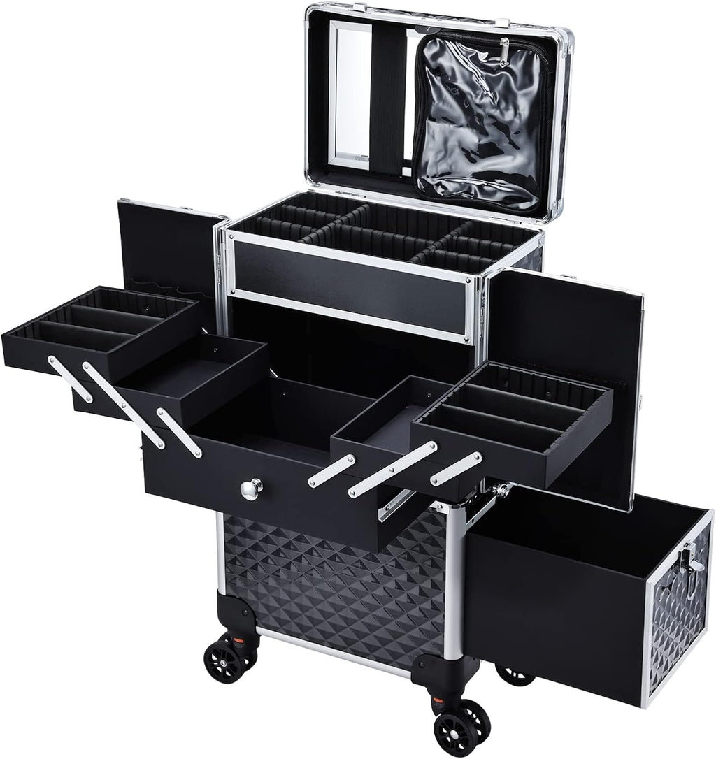Professional Makeup Train Case Extendable Cosmetology Case on wheels | Rolling makeup station with a drawer and trays, ideal for makeup artists or dance competitions. Super organized.