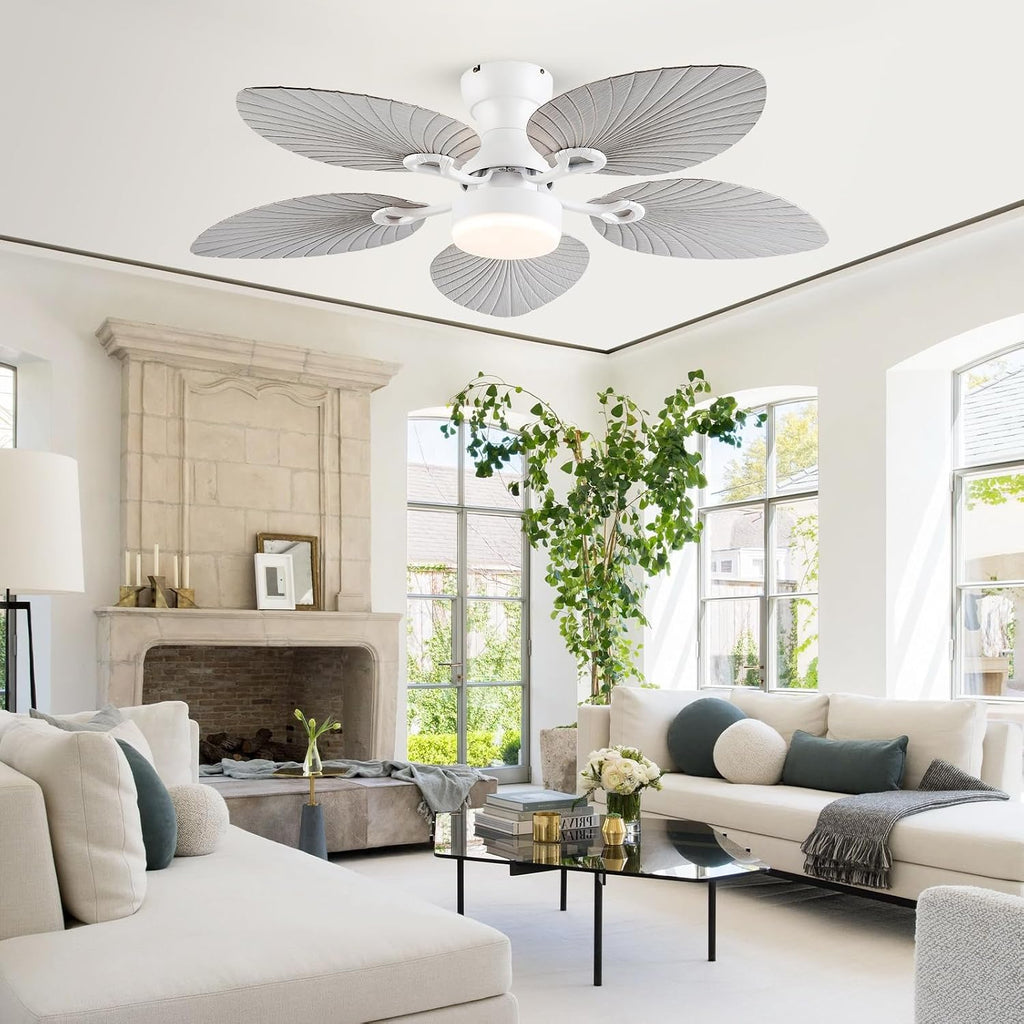 52inch Palm Leaf Ceiling Fans with Light Outdoor Tropical Ceiling Fans with Remote Timer Hand Carved 5 Blades DC Reversible Noiseless motor 6 Speeds Low Profile for Patios Living room Bedroom