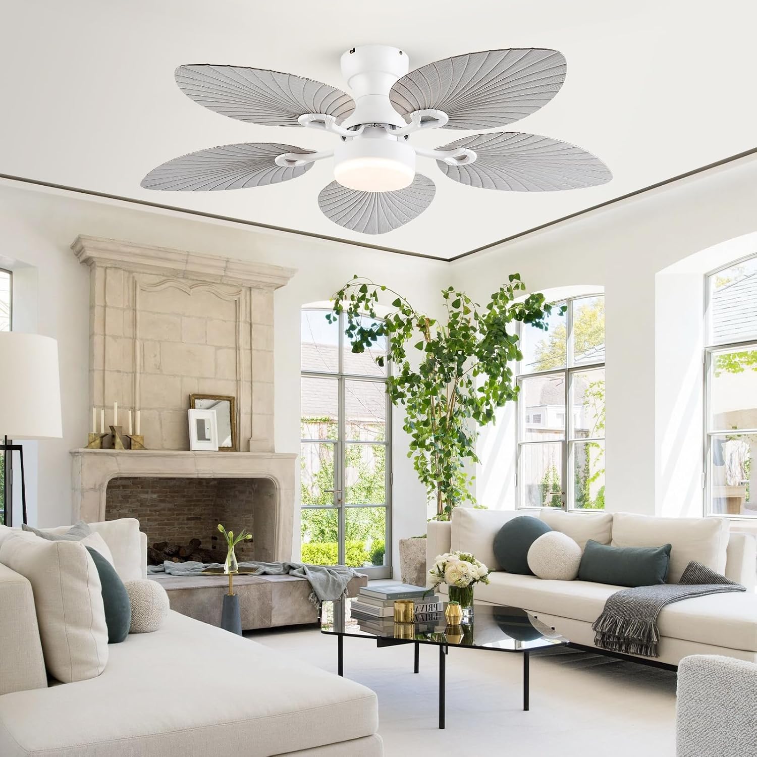 52inch Palm Leaf Ceiling Fans with Light Outdoor Tropical Ceiling Fans with Remote Timer Hand Carved 5 Blades DC Reversible Noiseless motor 6 Speeds Low Profile for Patios Living room Bedroom