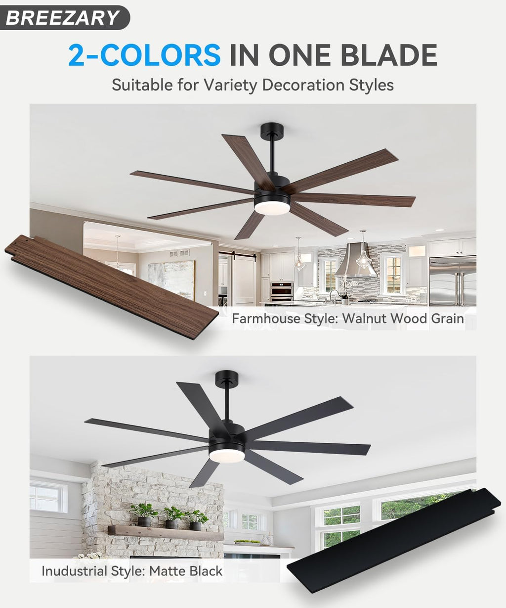 72 inch Large Ceiling Fans with Lights and Remote, 6-Speed Reversible DC Motor, 3 CCT, Dual Finish 7 Blades, Indoor/Outdoor Farmhouse Black Ceiling Fan for Kitchen Living Room Patio