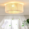 20' Rattan Caged Flush Mount Fandelier，White Boho Ceiling Fan with Remote, Reversible