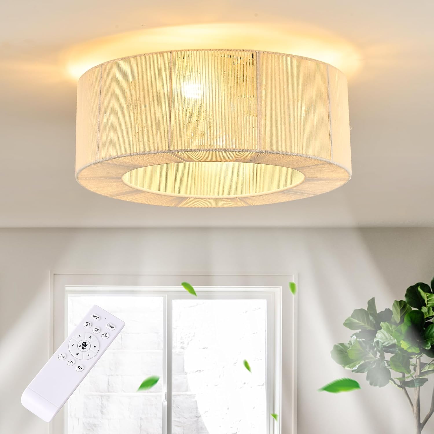 20' Rattan Caged Flush Mount Fandelier，White Boho Ceiling Fan with Remote, Reversible