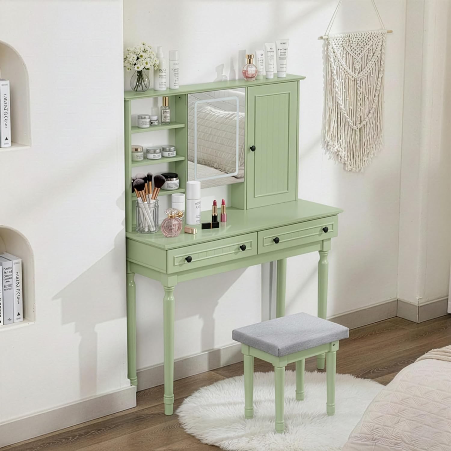 Scurrty Vintage Vanity Table Set with Stool, Color-Changing LED Mirror & Storage Organizer, Classic Wooden Dressing Makeup Desk for Bedroom (Green)