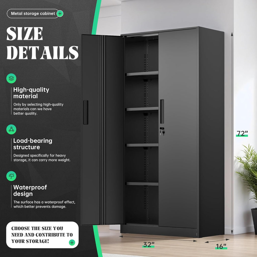 Oakcloud Metal Storage Cabinet Tool Organizer, 72' Lockable Garage Storage Tool Cabinets with 2 Doors and 4 Adjustable Shelves, Locking File Cabinet for Office, Home, School (72' Standard-Black)