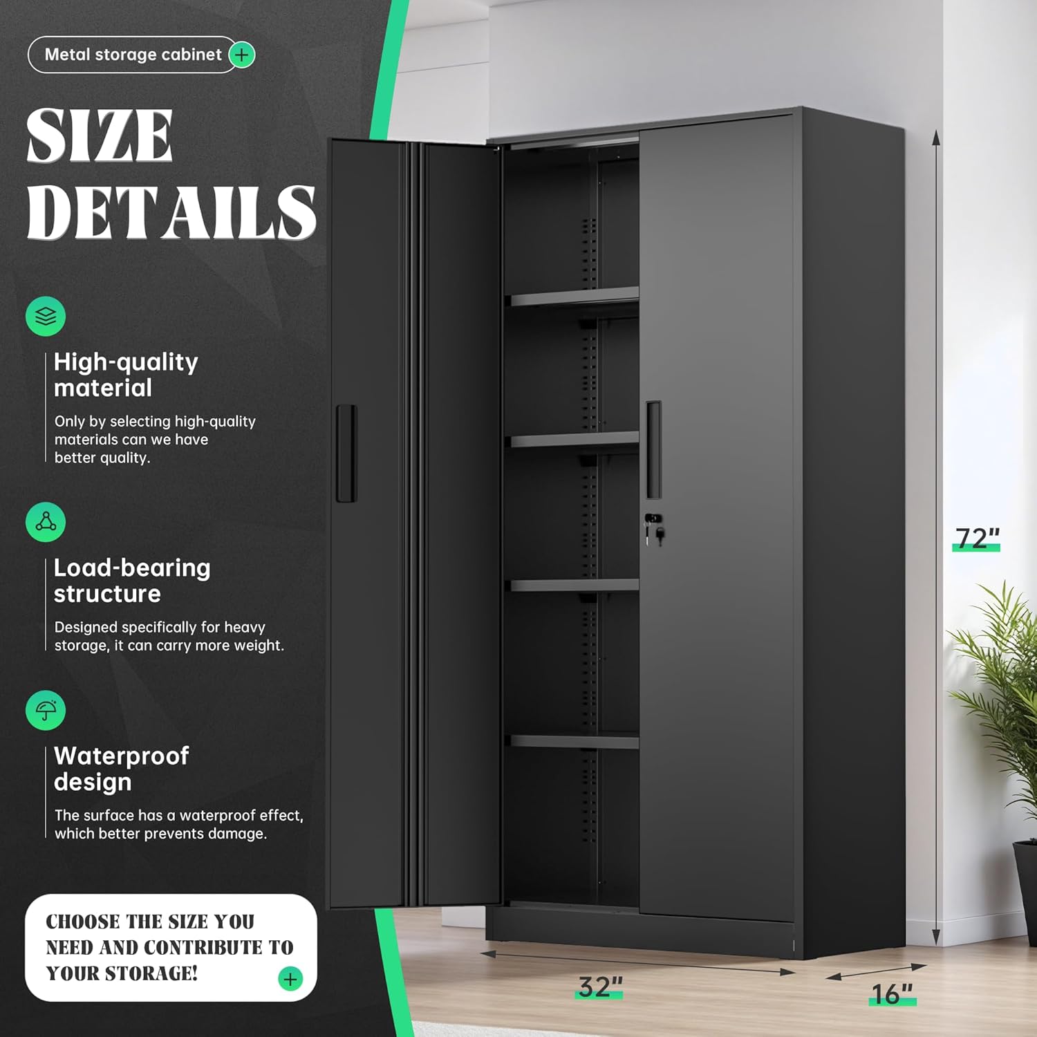 Oakcloud Metal Storage Cabinet Tool Organizer, 72' Lockable Garage Storage Tool Cabinets with 2 Doors and 4 Adjustable Shelves, Locking File Cabinet for Office, Home, School (72' Standard-Black)