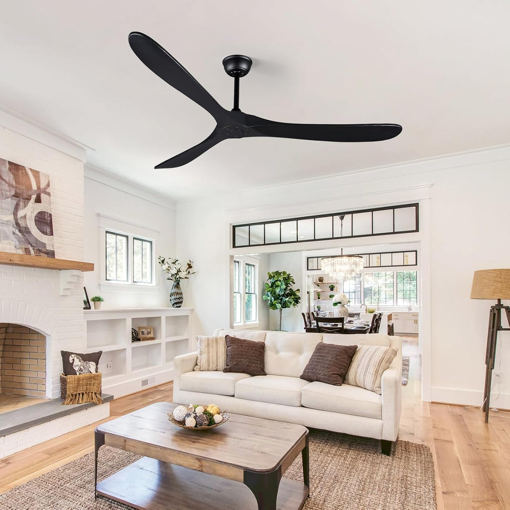 Bigzone 70' Black Ceiling Fan Without Light, 3 Solid Wood Blades, Outdoor Ceiling Fan with Remote, Reversible Motor