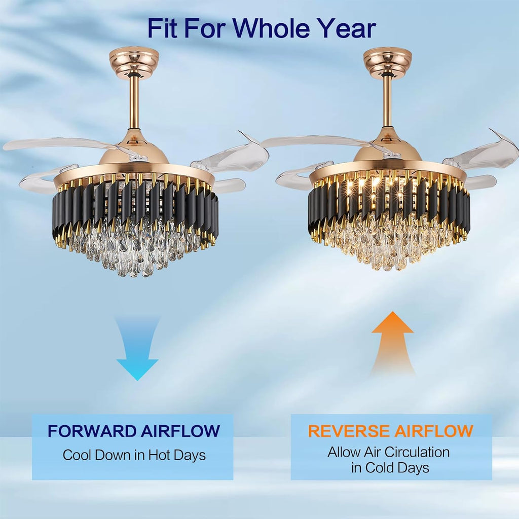 36' Dimmable Black and Gold Crystal Chandelier with Fan, Gold Fandelier Ceiling Fans with Lights and Remote Modern Retractable Blade Ceiling Fans for Dinning Room Living Room Kitchen