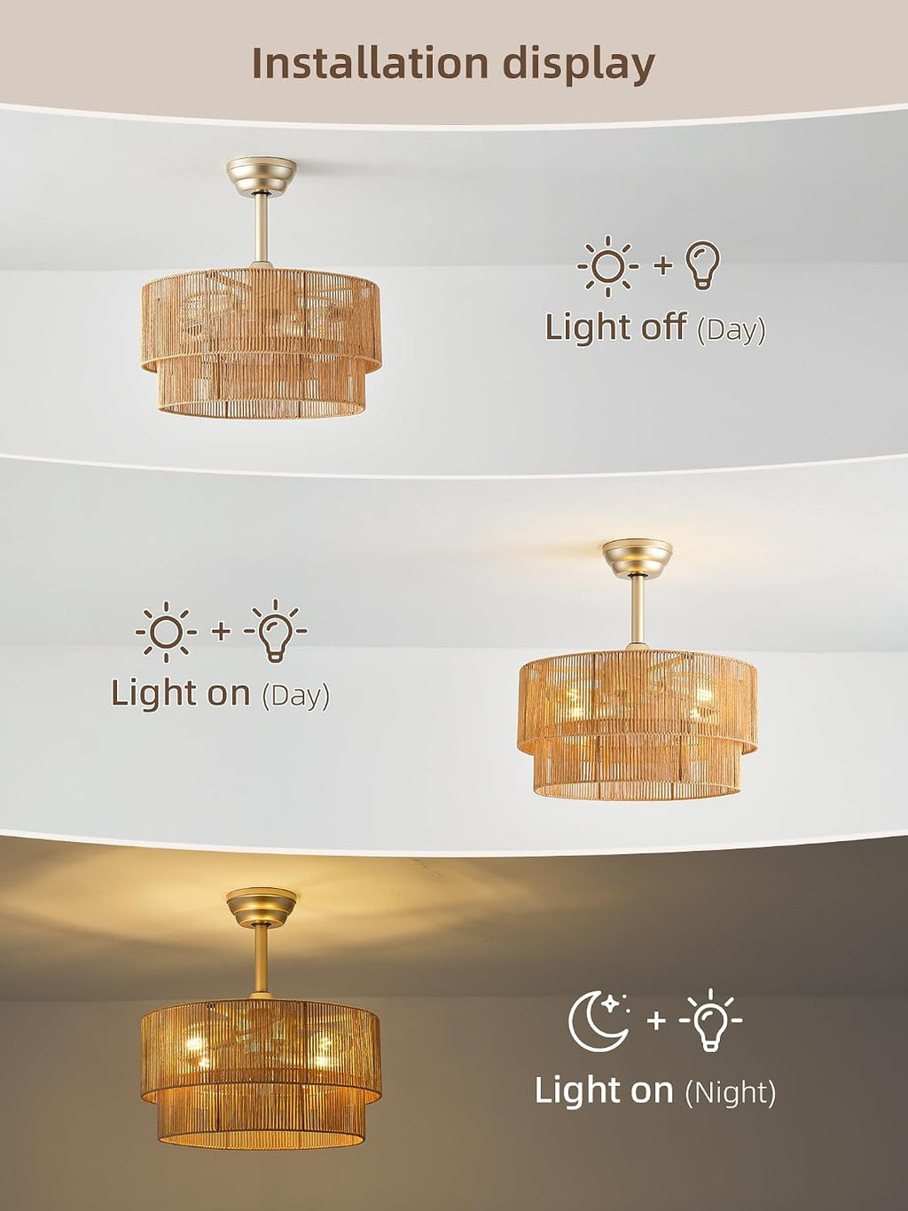 20' Boho Fandelier Ceiling Fans with Lights, Fabric Chandelier Ceiling Fan with Light Remote Control, Caged with 6 Speeds for Living Room, Bedroom, Nursery.