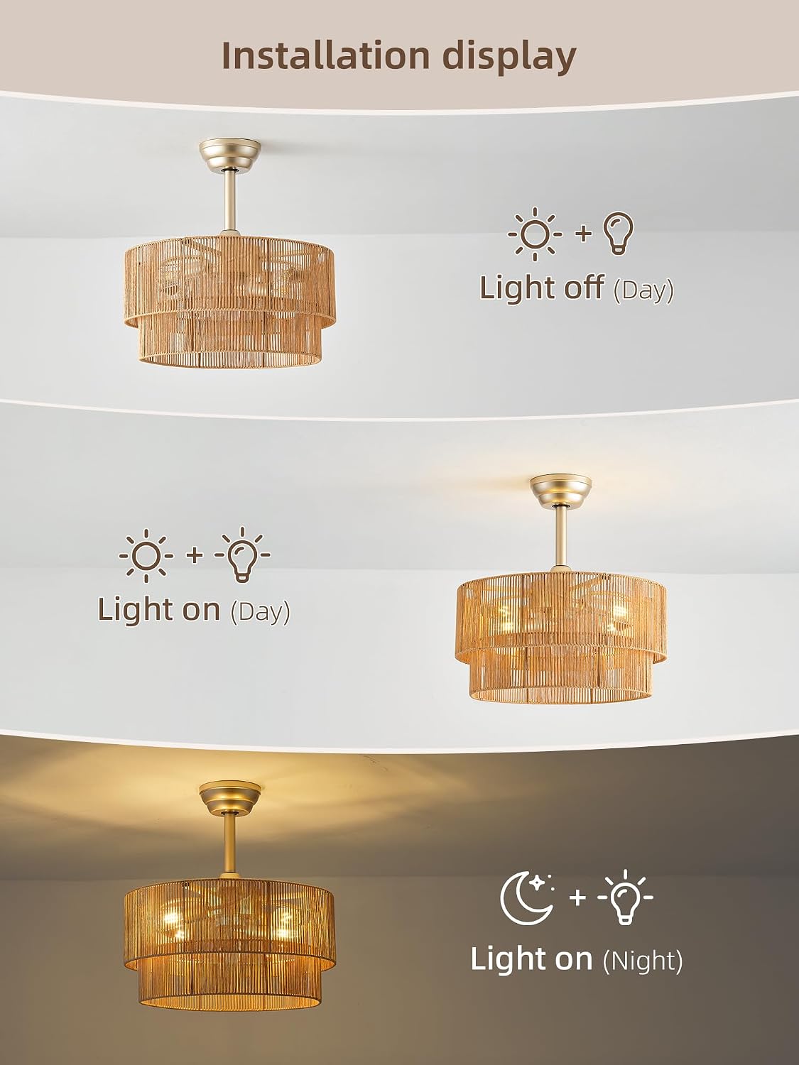 20' Boho Fandelier Ceiling Fans with Lights, Fabric Chandelier Ceiling Fan with Light Remote Control, Caged with 6 Speeds for Living Room, Bedroom, Nursery.