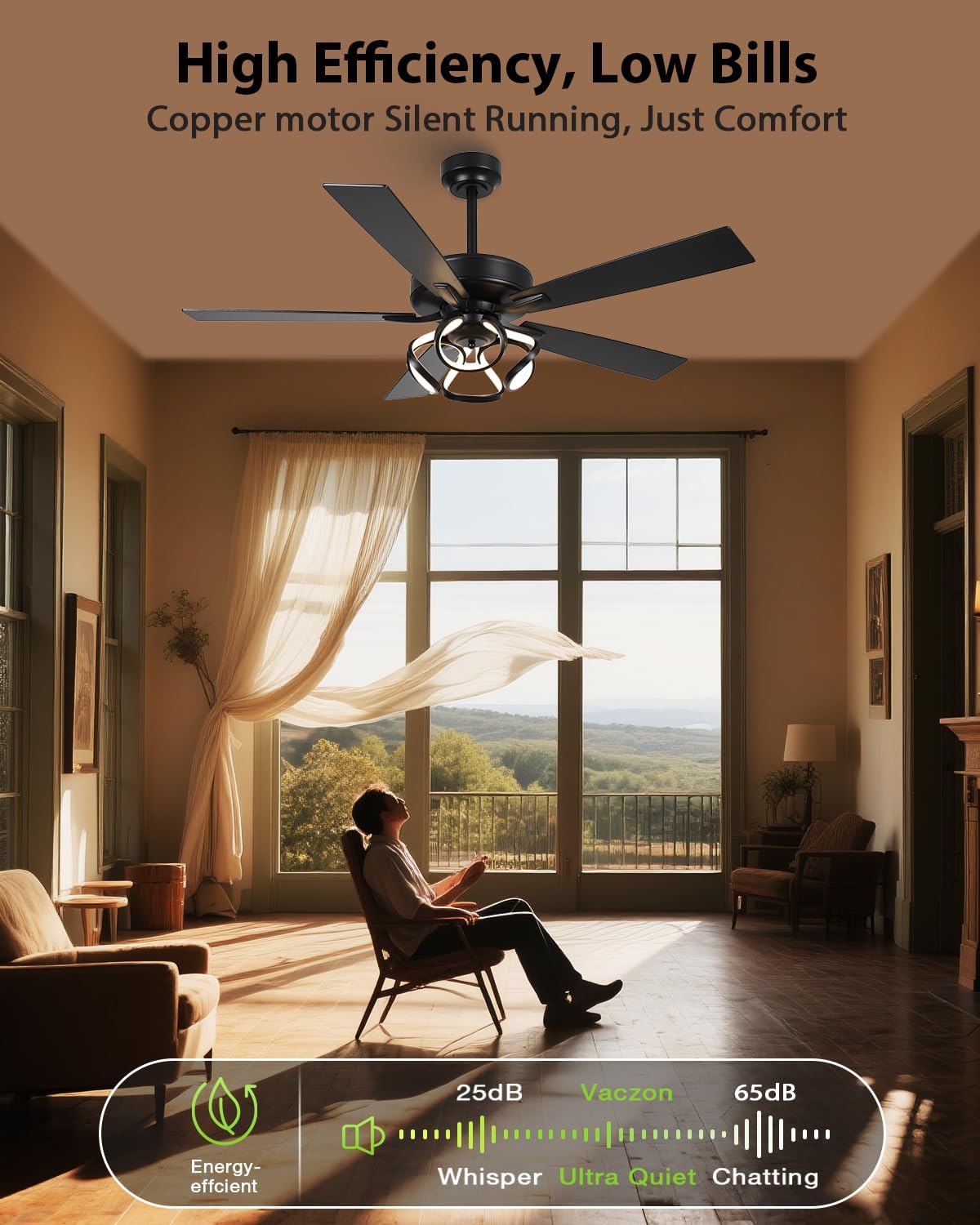 52 Inch Ceiling Fans with Lights, Creative Modern Black Ceiling Fan and Remote, Dimmable, 6 Speeds, Quiet, Dual-Sided Reversible 5 Blades Indoor Outdoor Chandelier Fan for Bedroom Living Room