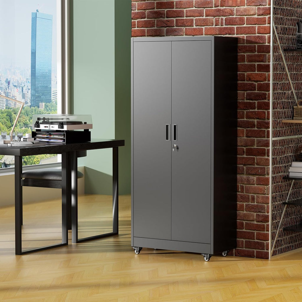 Greenvelly Metal Storage Cabinet with Wheels, 73' Black Metal Rolling Garage Cabinet with 2 Door and Adjustable Shelves,Locking Storage Cabinets for Garage Home Office Utility Room