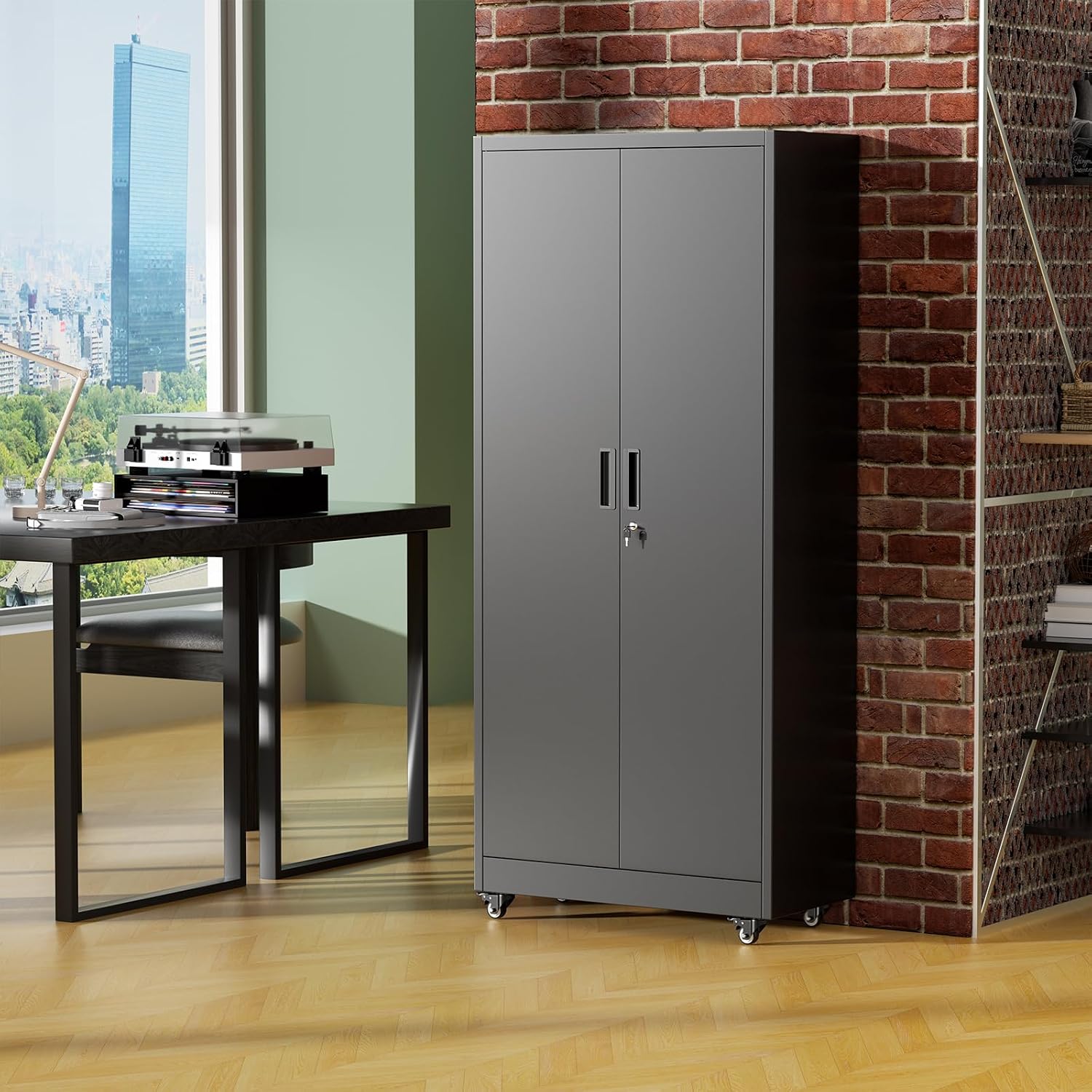 Greenvelly Metal Storage Cabinet with Wheels, 73' Black Metal Rolling Garage Cabinet with 2 Door and Adjustable Shelves,Locking Storage Cabinets for Garage Home Office Utility Room
