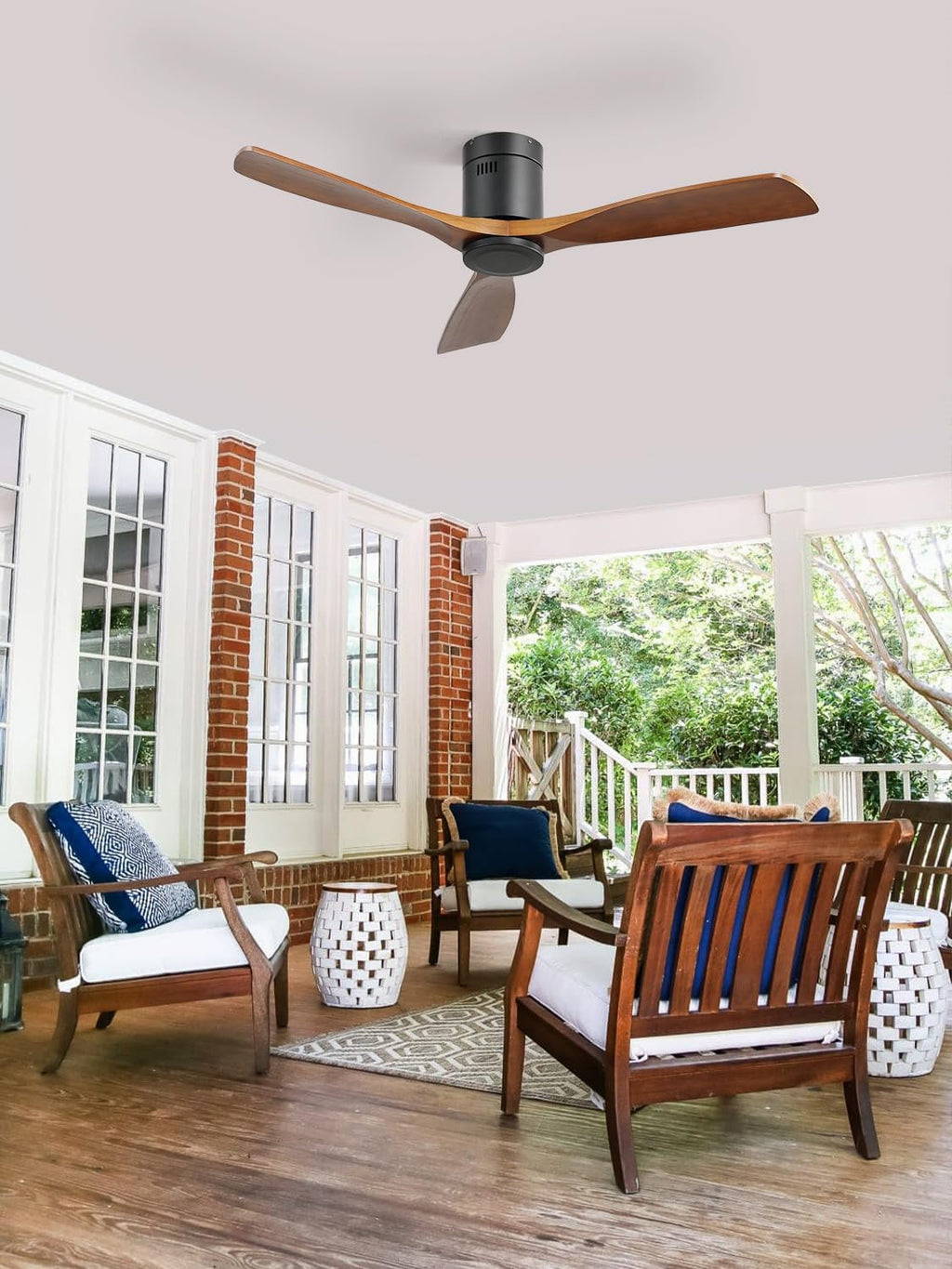 Sofucor Ceiling Fan no Lights, 52 Inch Low Profile Flush Mount Wood Ceiling Fan with Remote for Indoor Farmhouse Bedroom Living Room Outdoor Patio Porch, 3 Blades, Reversible DC Motor, Noiseless