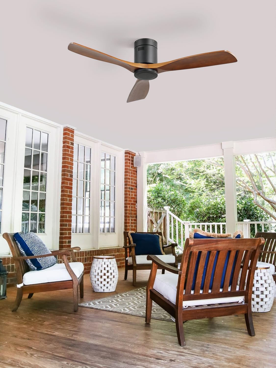 Sofucor Ceiling Fan no Lights, 52 Inch Low Profile Flush Mount Wood Ceiling Fan with Remote for Indoor Farmhouse Bedroom Living Room Outdoor Patio Porch, 3 Blades, Reversible DC Motor, Noiseless