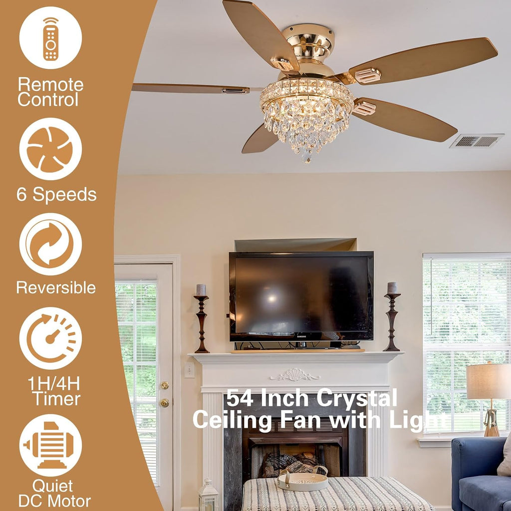 Crystal Ceiling Fan Fandelier with Lights-Ceiling Fans with Lights,54' Low Profile and Remote Control, Flush Mount, Reversible, Dimmable, Noiseless,Gold Ceiling Fan for Bedroom