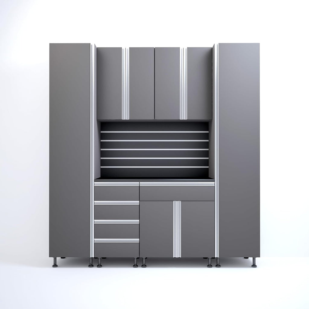 Premium Garage Cabinets 7' Storage Sets Solution with Adjustable Legs, Soft-Close Drawer & Door, Integrated Handles, Heavy Duty Plywood Box Construction, Tool and Equipment Organizer (Combo 7CS-011A)