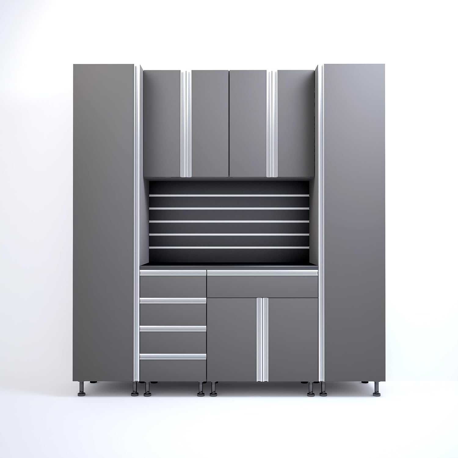 Premium Garage Cabinets 7' Storage Sets Solution with Adjustable Legs, Soft-Close Drawer & Door, Integrated Handles, Heavy Duty Plywood Box Construction, Tool and Equipment Organizer (Combo 7CS-011A)