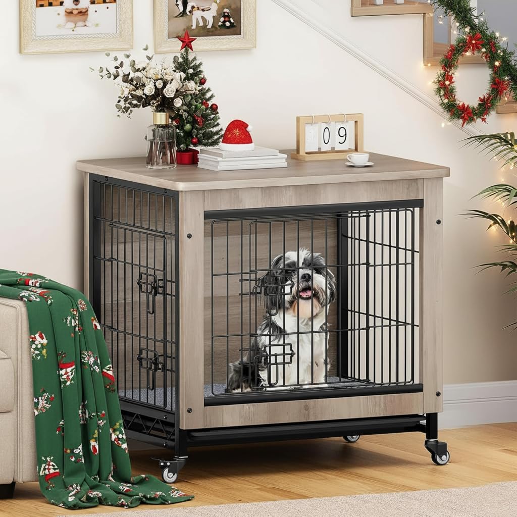 YITAHOME Dog Crate Furniture with Cushion, Dog Kennel Indoor with Wheels, Dogs Crate End Table with Tray, 27' Cage with Double Doors for Small Dogs (Gray)