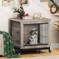 YITAHOME Dog Crate Furniture with Cushion, Dog Kennel Indoor with Wheels, Dogs Crate End Table with Tray, 27' Cage with Double Doors for Small Dogs (Gray)
