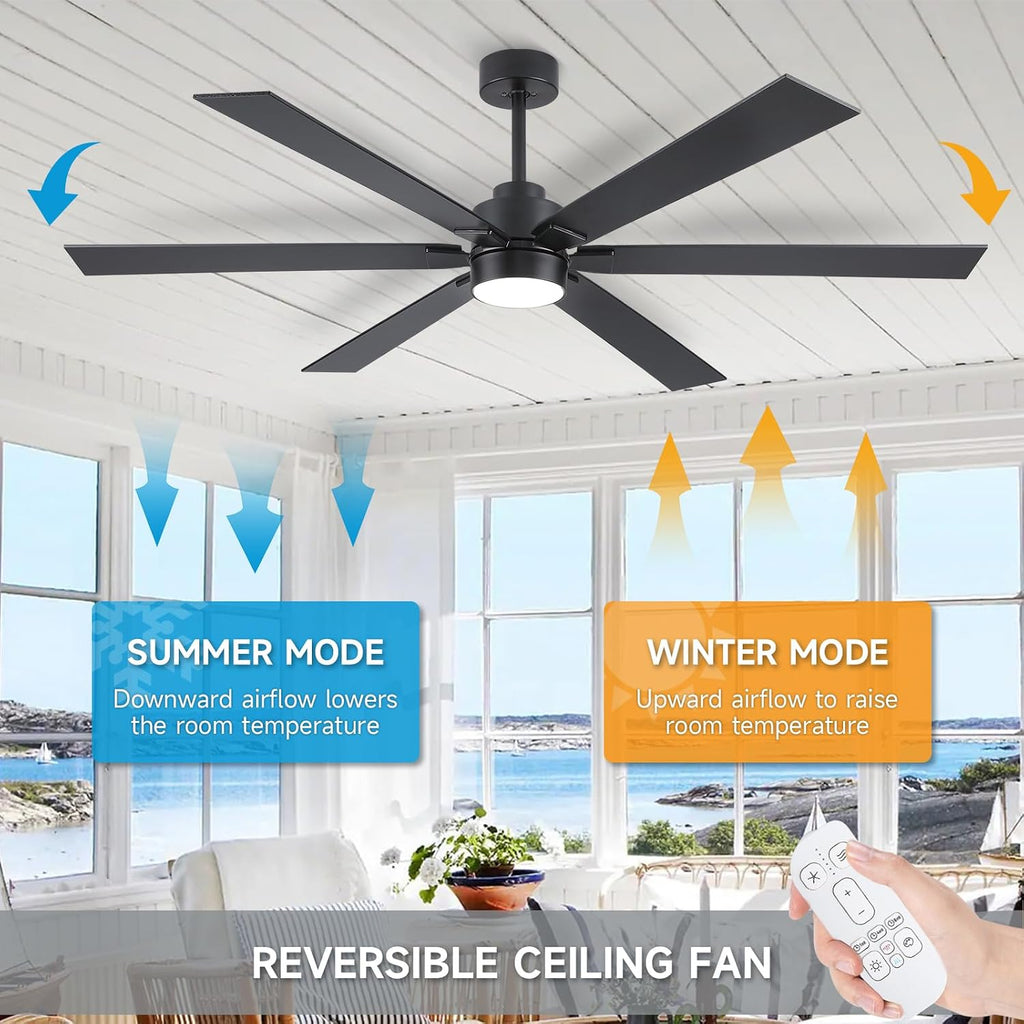 66 Inch Large Outdoor Ceiling Fans for Patios with Lights, Modern Black Ceiling Fan with Light and Remote, 6 Blades Reversible DC Motor Ceiling Fan for Indoor Living Room Porch Gazebo Commercial