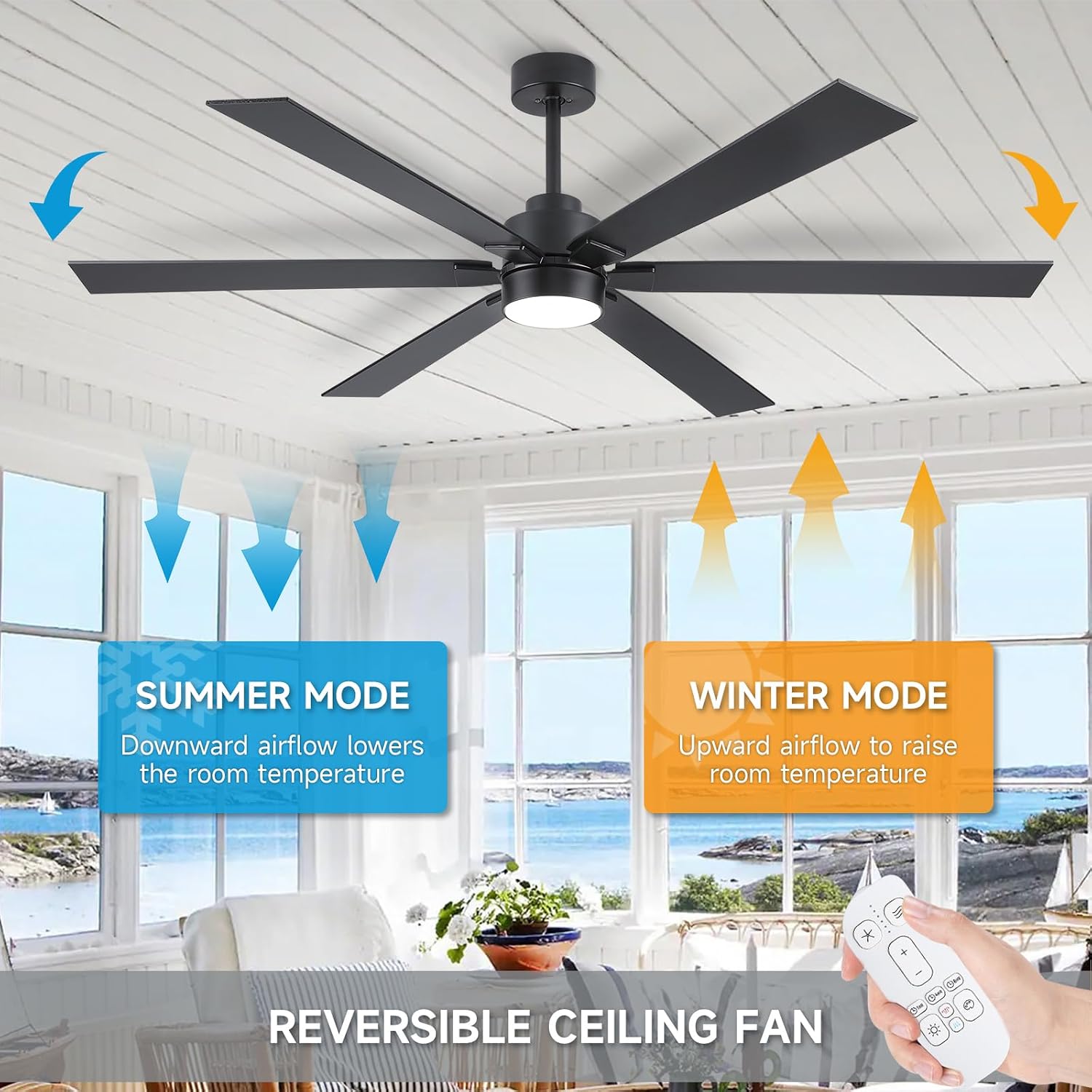 66 Inch Large Outdoor Ceiling Fans for Patios with Lights, Modern Black Ceiling Fan with Light and Remote, 6 Blades Reversible DC Motor Ceiling Fan for Indoor Living Room Porch Gazebo Commercial