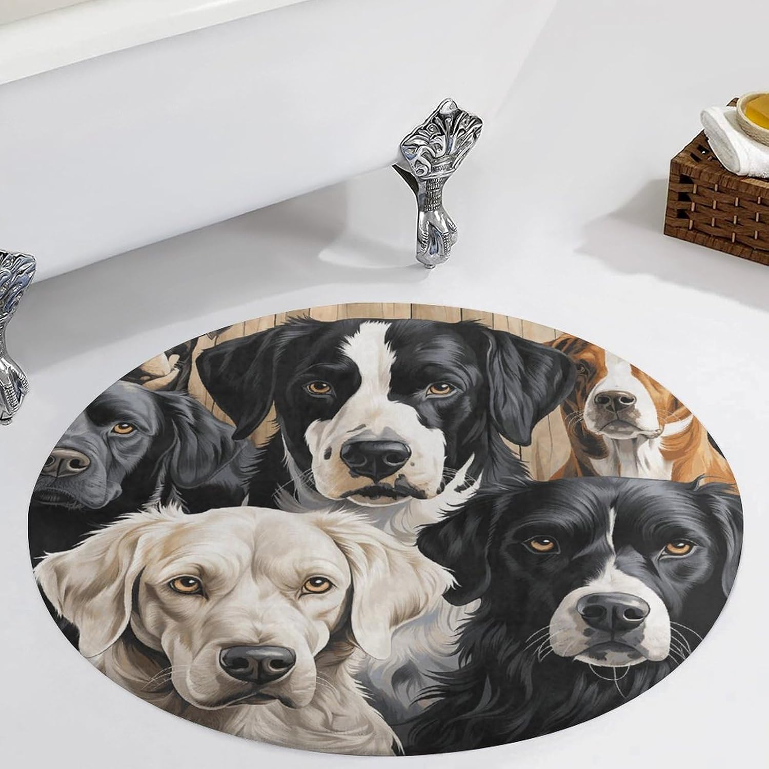 Black and White Dog Coral Velvet Round Floor Mat Non-Slip Bath Rug Floor Covering for Bathroom Vanity Guest Suite & Vacation Home