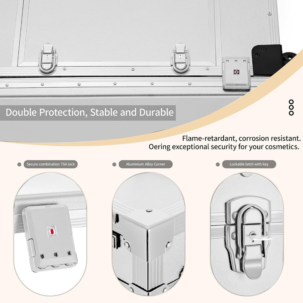 Portable Manicure Table 3 Drawers, Rolling Lockable Makeup Train Case with Blueteeth Speaker and Nail Polish Organizer, Foldable Nail Desk with Mirror & TSA Lock for Nail Tech and Salon Use