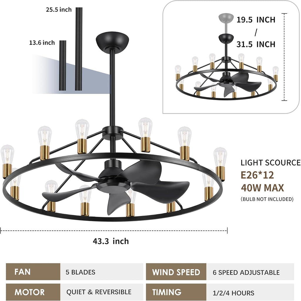 Miuyhji 44' Large Wagon Wheel Chandelier with Fan Smart Farmhouse Black Fan | 12 Lights, Remote/APP,6 Speed, Timing,Height Adjustable, Rustic Fandelier Light Fixture for Living Room Bedroom Dining Room