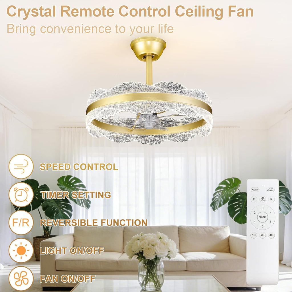 Depuley Fandelier Ceiling Fans with Lights: 20' Gold Cagd Fan with Remote Control - Crystal Chandelier Fan Light for Girl's Bedroom Living Room Nursery