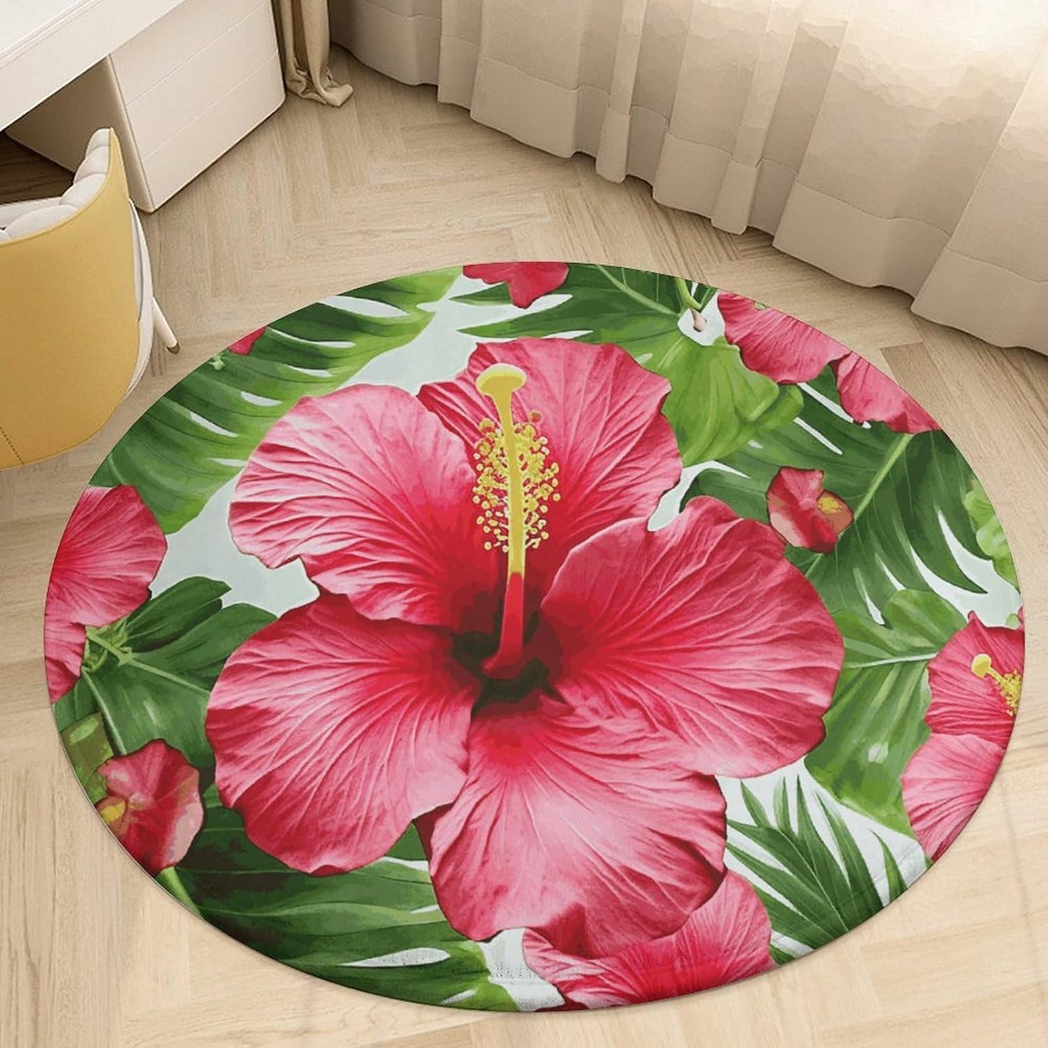 Hibiscus Flower Coral Velvet Round Floor Mat Non-Slip Bath Rug Floor Covering for Bathroom Vanity Guest Suite & Vacation Home