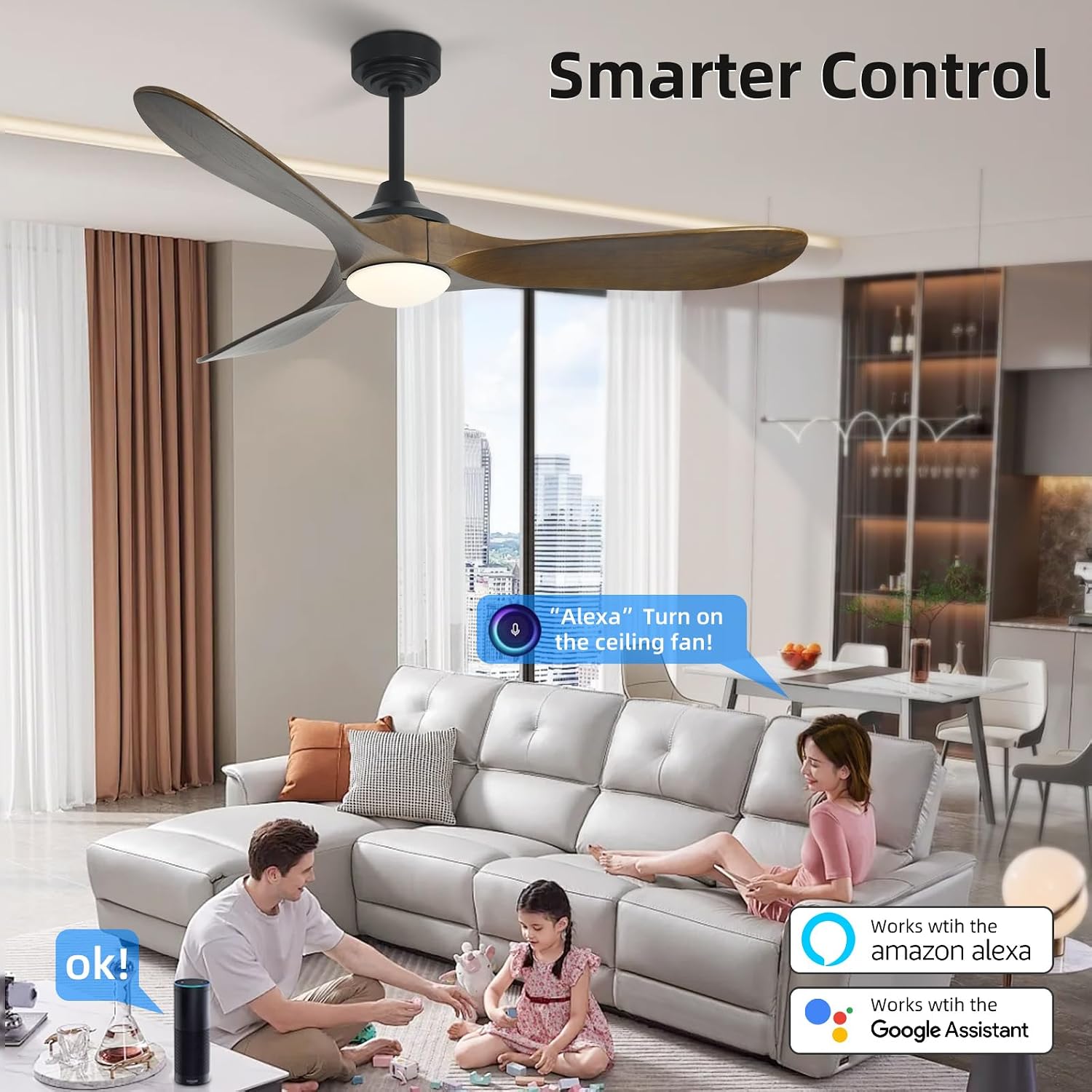 52' Outdoor Ceiling Fan with Light, Compatible with Alexa/Google, 3 Walnut Solid Wood Blade, Noiseless Reversible Dc Motor, Smart Outdoor Wood Ceiling Fan for Farmhouse Patios, Bronze