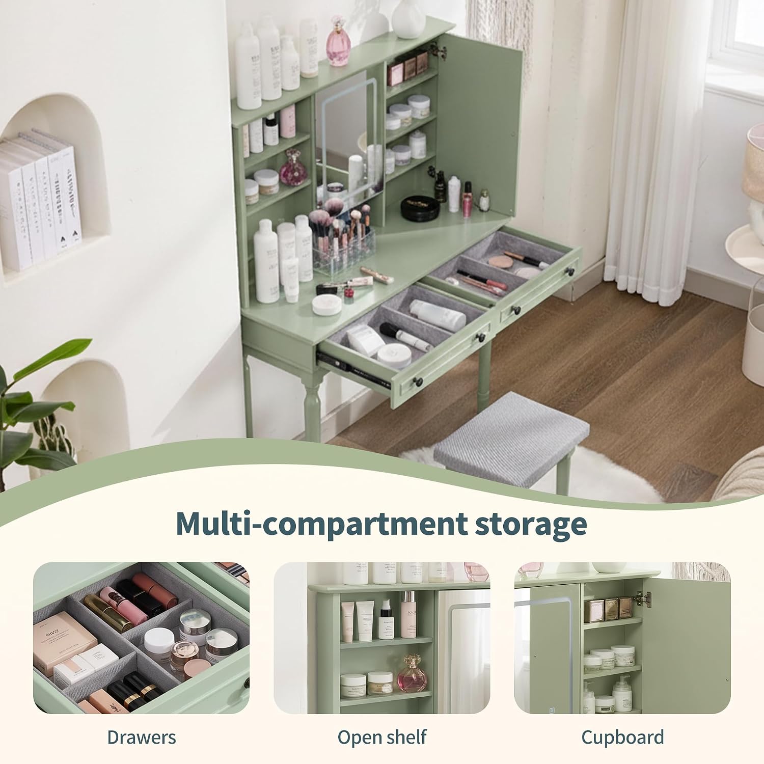 Scurrty Vintage Vanity Table Set with Stool, Color-Changing LED Mirror & Storage Organizer, Classic Wooden Dressing Makeup Desk for Bedroom (Green)