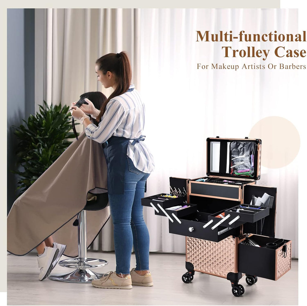 Professional Makeup Artist Rolling Train Case Multi-functional Cosmetic Train Case Large Trolley Storage Case for Nail Technicians Cosmetology Case for Hairstylist Rose Gold
