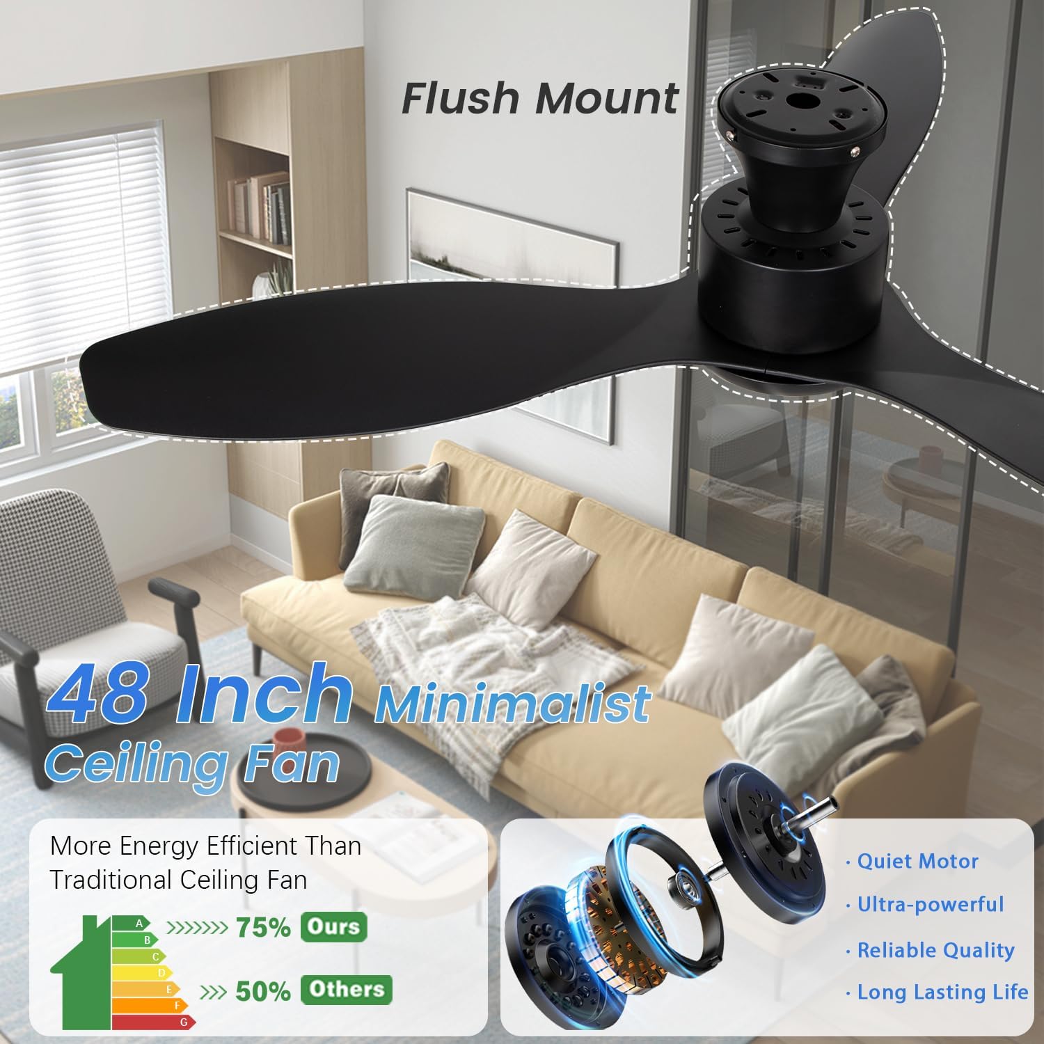 48' Ceiling Fan with Light and Remote, Black Flush Mount Ceiling Fan with 3 Blades,3 Color Dimmable Lights, 6 Speeds, Queit DC Motor, Memory Function, Indoor/Outdoor/Bedroom/Living Room/Patios, Black