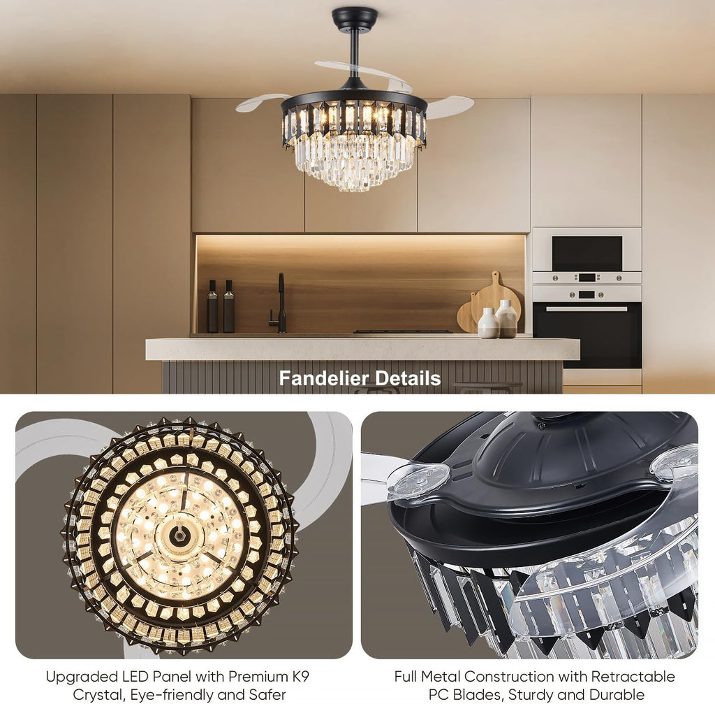 TXCSLY 42' Fandelier Ceiling Fan with Light, Crystal Chandelier Fan with Retractable Blades Dimmable Crystal Ceiling Fan Chandelier for Bedroom Living Room Dining Room-Black