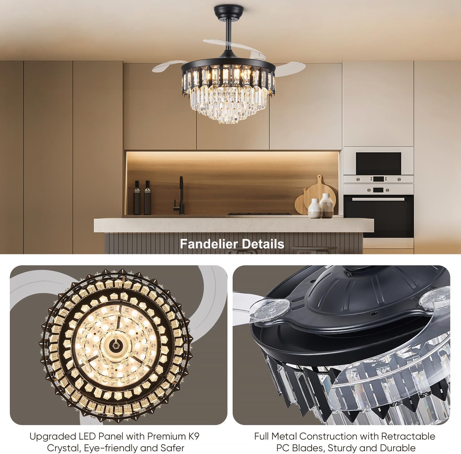 TXCSLY 42' Fandelier Ceiling Fan with Light, Crystal Chandelier Fan with Retractable Blades Dimmable Crystal Ceiling Fan Chandelier for Bedroom Living Room Dining Room-Black