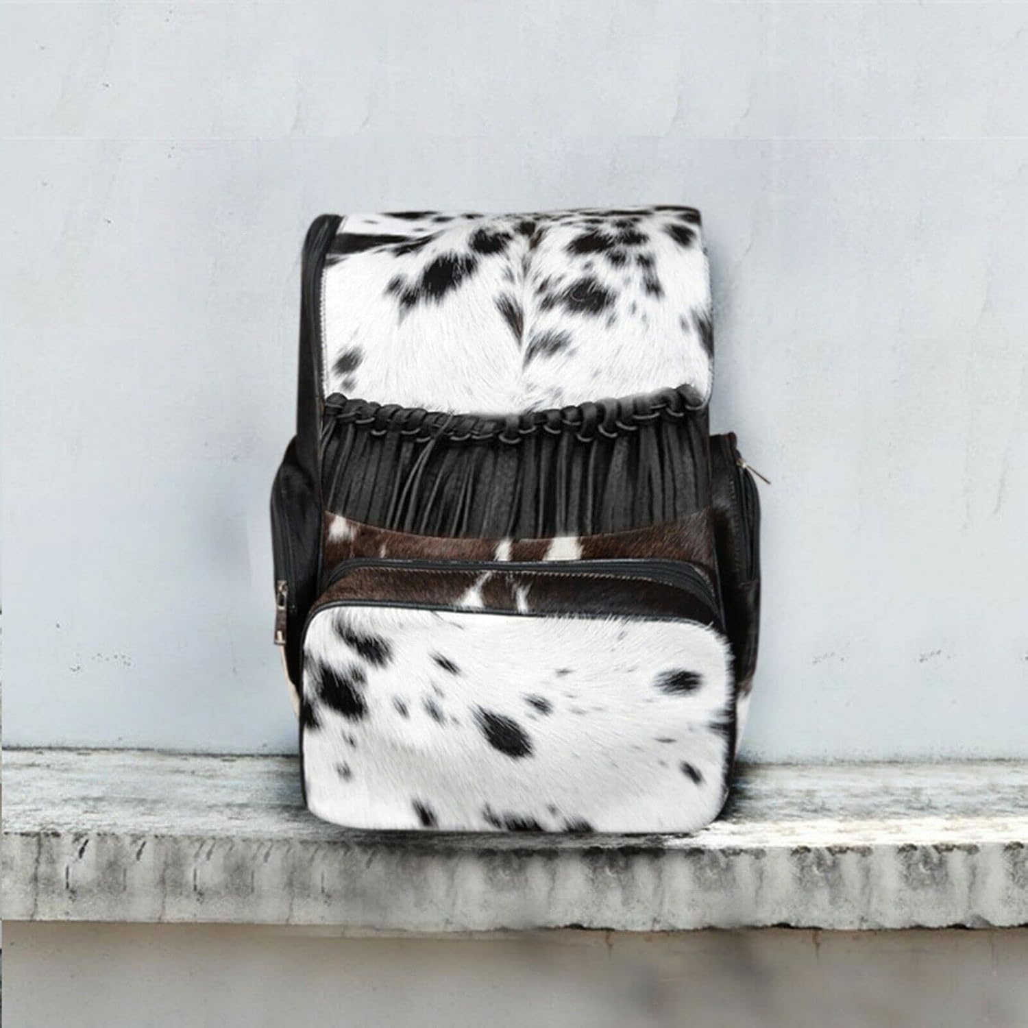 Black Cowhide Leather Diaper Bag Fringe Backpack - Western Style Mother's Day Gift Artisan Cow Print Travel Rucksack for Stylish Moms