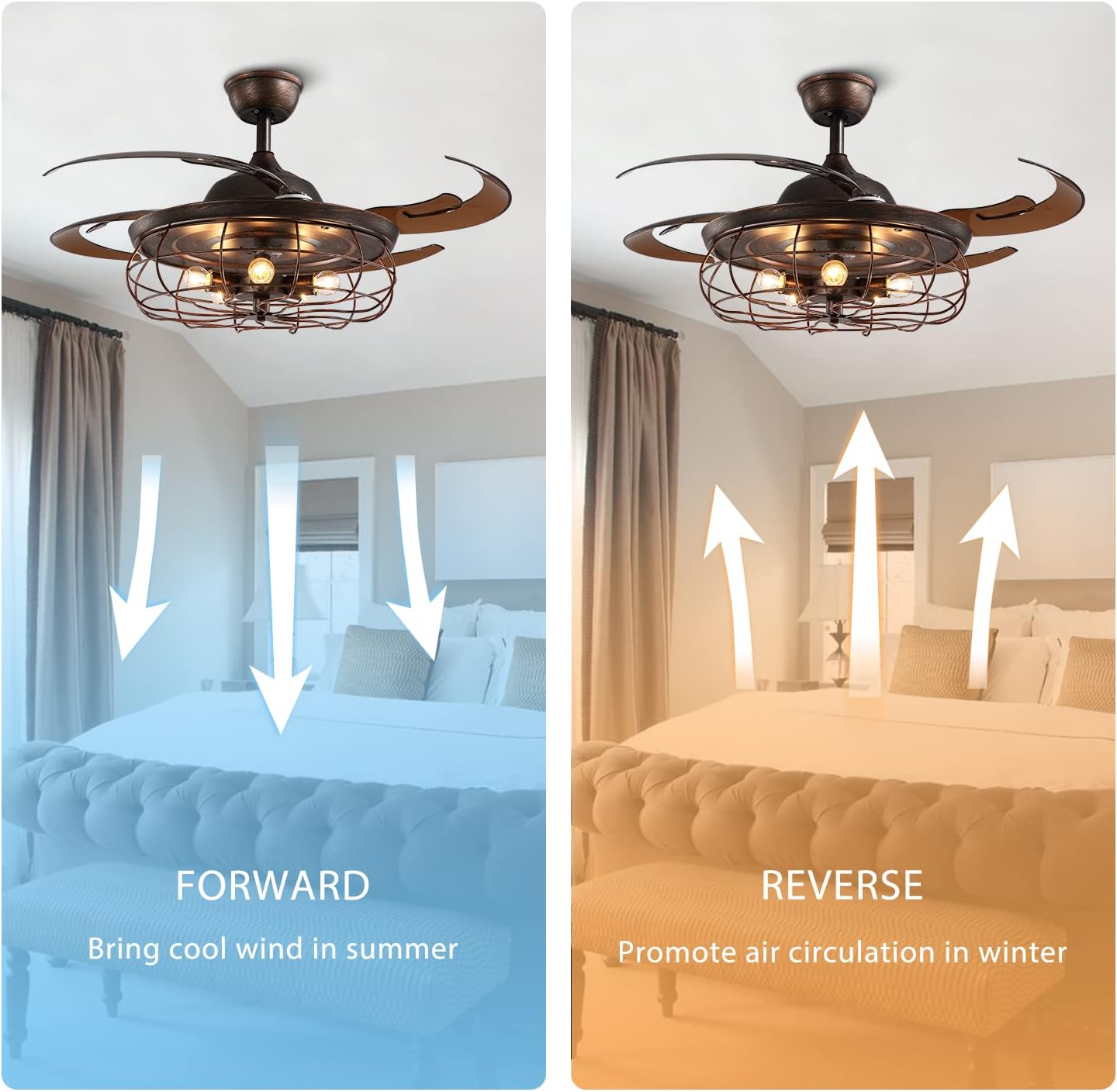 48 Inches Retractable Caged Ceiling Fan with Lights, Reverse Industrial Rusty Fandelier Fan Chandelier with Remote Control for Living Room Dining Room Bedroom - 5 Lights