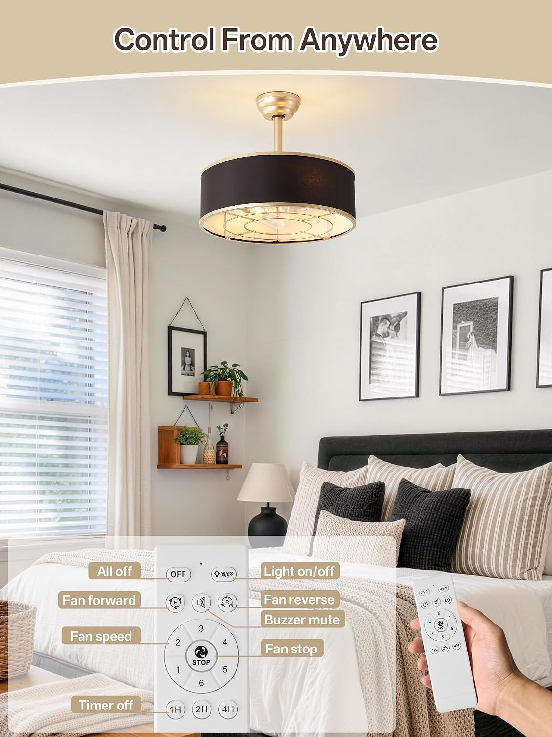 20' Black and Gold Caged Boho Fandelier Ceiling Fan with Light & Remote Control - Bladeless Chandelier Fan, 6 Speed Quiet Reversible Motor for Bedroom, Nursery, Living Room